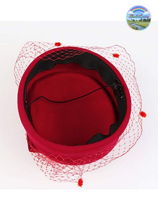 Wool Felt Pillbox Hat with Veil, Flower - Derby Fascinator for Women - Church,